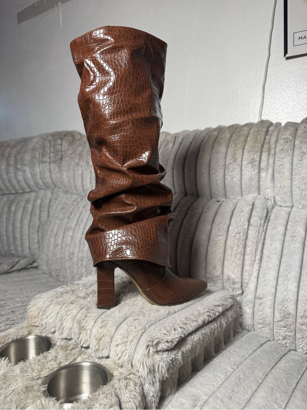 Croc-Embossed Slouch Over-the-Knee Boot in Brown